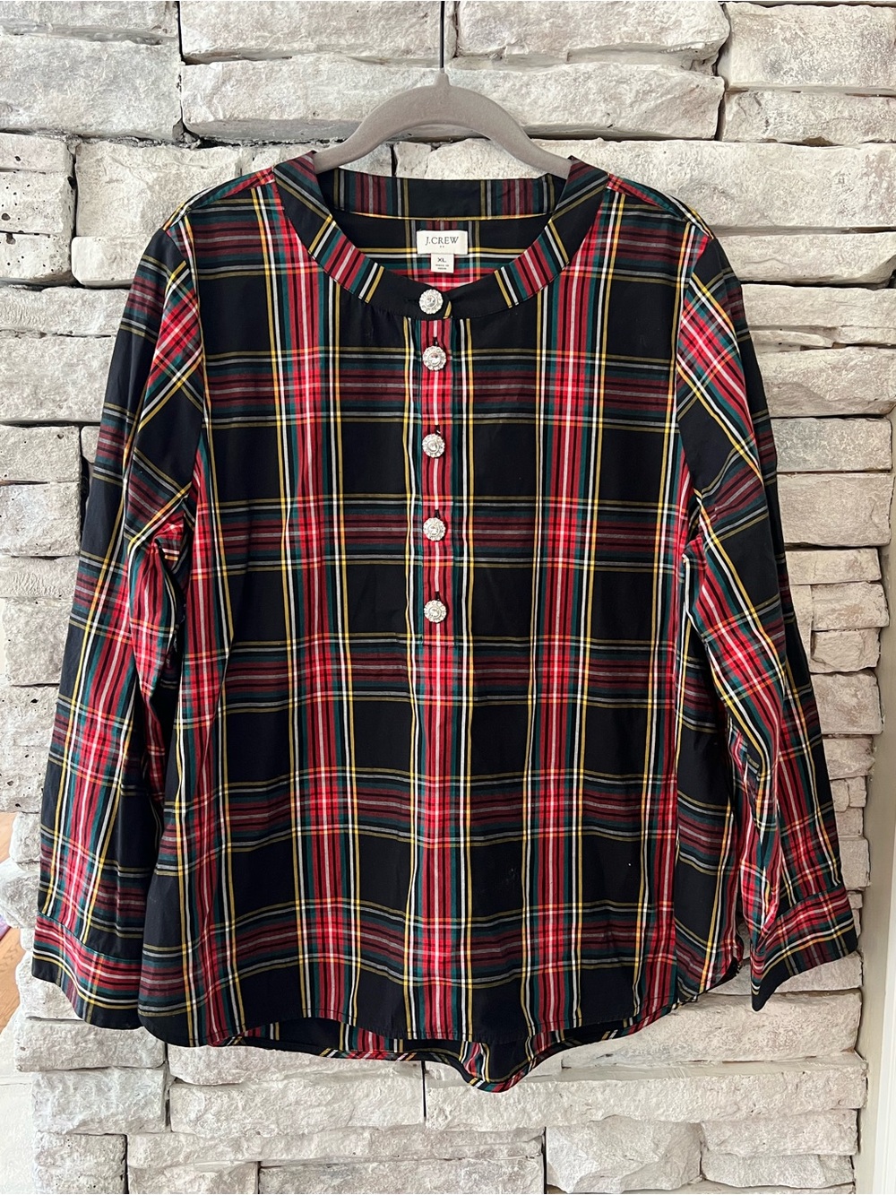 J. Crew Tartan Plaid Jeweled Womens Blouse Size XL Holiday Christmas